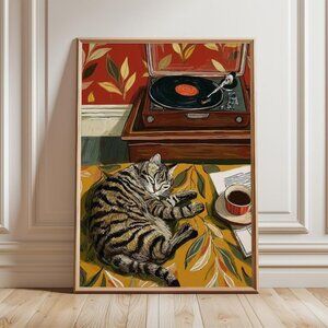 Retro Cat with Coffee Wall Art, Vintage Record Player Print